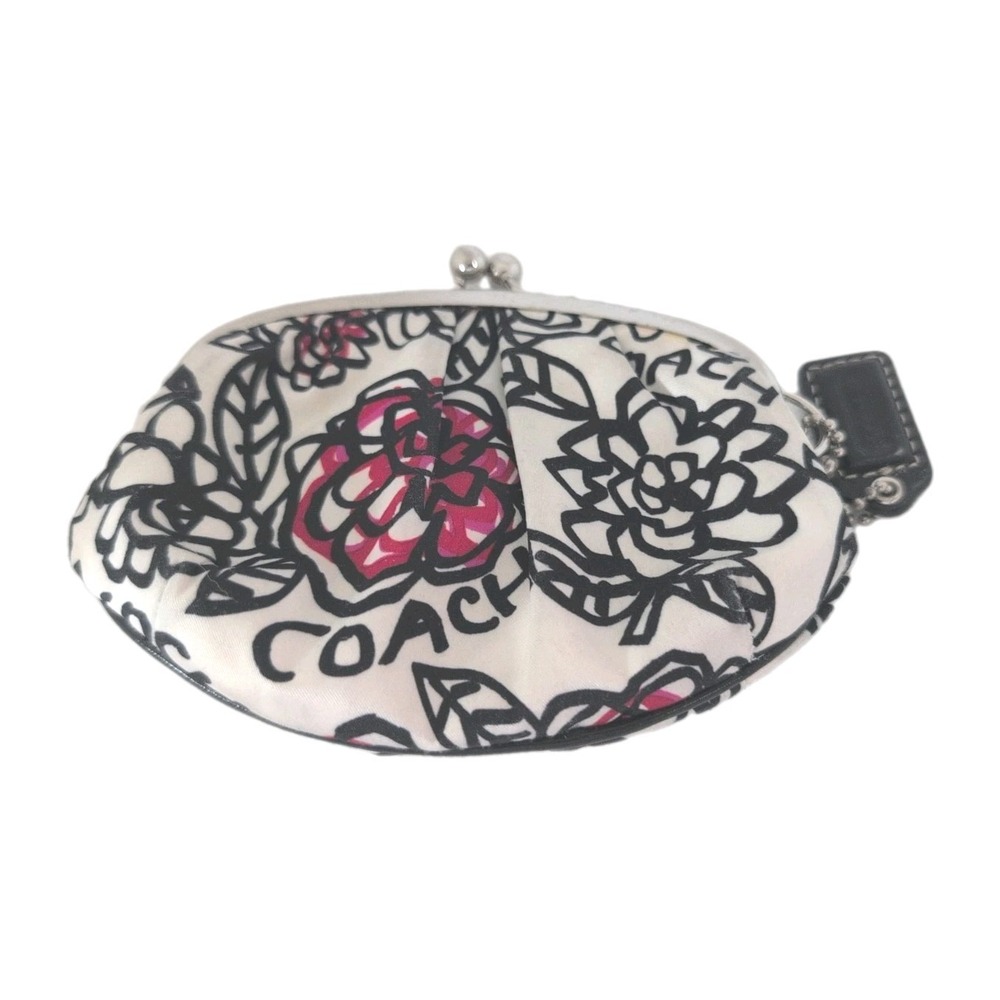 Coach Kisslock Poppy Graffiti Coin Purse Black Pink & White Floral Satin Rare - Picture 4 of 5
